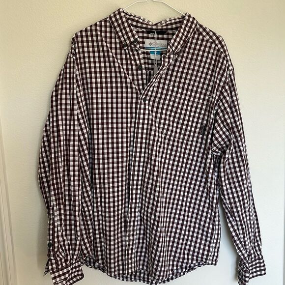 Columbia Brown White Checks Long Sleeve Button Down Shirt Men's L Outdoor Camp - Picture 1 of 6